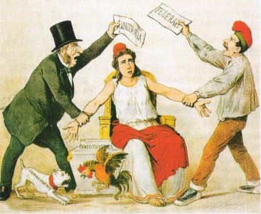 <p>Caricatura publicada en la revista <em>La Flaca</em> en 1873</p>