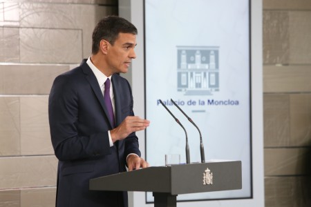 <p>El presidente del Gobierno, Pedro Sánchez, durante la conferencia de prensa ofrecida tras una reunión del Consejo de Ministras. 3 de agosto de 2018. </p>