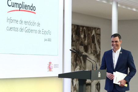 <p>Pedro Sánchez durante su comparecencia para presentar el informe de rendición de cuentas del Ejecutivo del primer semestre de 2022.</p>