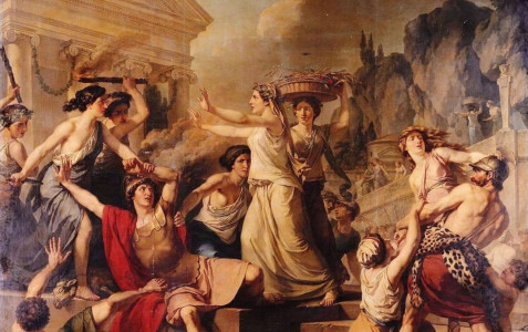 <p>Mujeres de Esparta defendiéndose de los mesenios. / <strong>Jean Francois Jacques Le Barbier (1787)</strong></p>