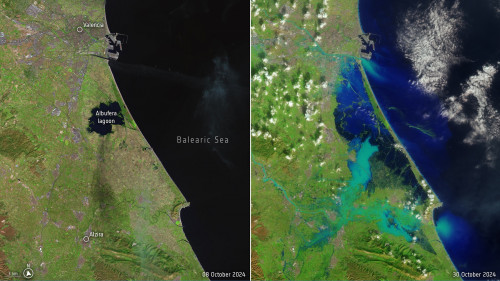 <p>Imágenes captadas por el satélite US Landstat-8 de Valencia el 8 de octubre (izq.) y el 30 de octubre, durante la DANA (dcha.). / <strong>USGS, procesado por la ESA</strong></p>