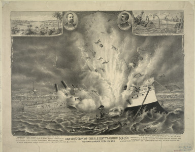 <p>Ilustración estadounidense de la explosión del Maine en el puerto de La Habana, publicada en 1898. /<br /><strong>Kurz & Allison. Library of Congress</strong></p>