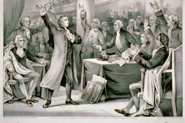 <p>Ilustración de Patrick Henry pronunciando su gran discurso sobre los derechos de las colonias ante la Asamblea de Virginia, convocada en Richmond, el 23 de marzo de 1775. / <strong>Library of Congress</strong></p>