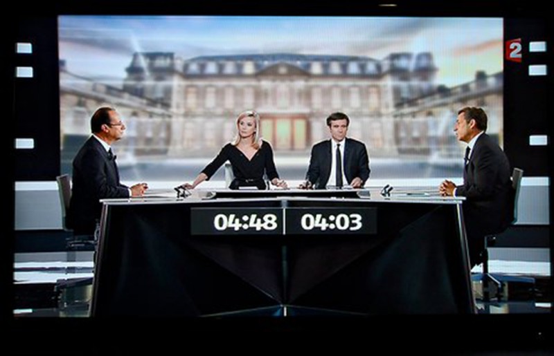 <p>Imagen del debate entre François Hollande (izq) y Nicolas Sarkozy, retransmitido por la cadena France 2, el pasado 2 de mayo.</p>