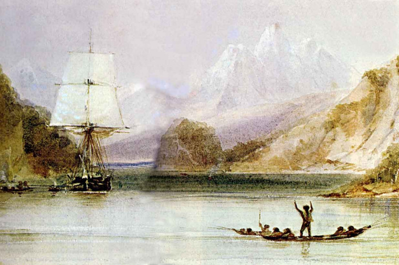<p>Pintura del barco <em>Beagle</em>, a su paso por Tierra de Fuego</p>