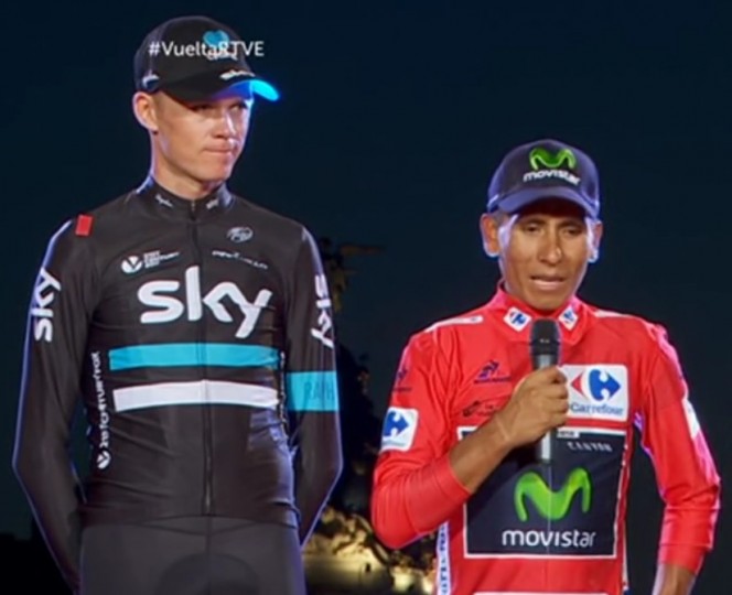 <p>Chris Froome y Nairo Quintana en el podio final de la Vuelta a España 2016</p>