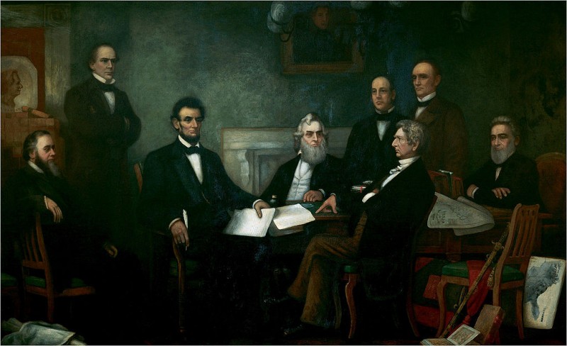 <p>Lincoln presenta el borrador de Proclamación de Emancipación a su gabinete. </p>