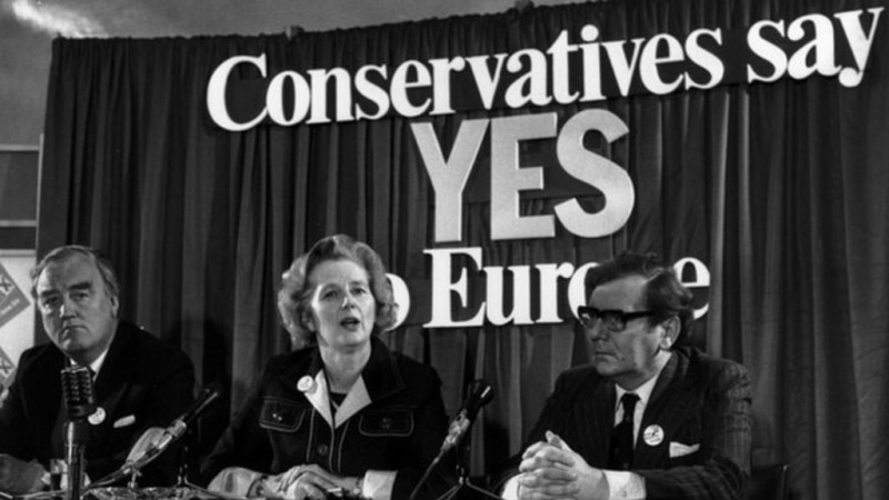 <p>Margaret Thatcher durante la campaña del referéndum de entrada a la Unión Europea en 1975</p>