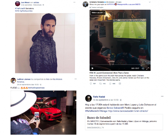 <p>Captura de contenidos patrocinados y publicitarios en las redes sociales de Leo Messi, Cristiano Ronaldo, Lebron James y Rafa Nadal. </p>