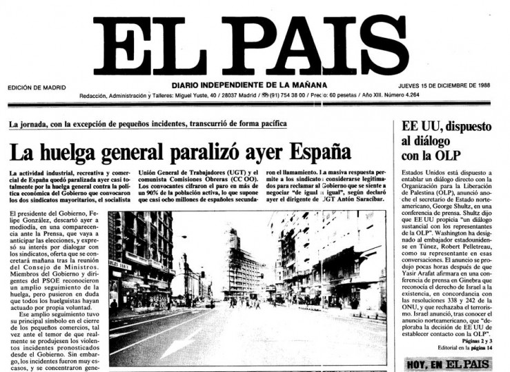 <p>Portada de El País del 15 de diciembre de 1988.</p>