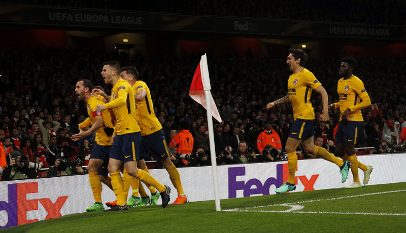 <p>Los jugadores del Atlético de Madrid celebran un gol durante el partido de Uefa Europa League contra el Arsenal. Abril de 2018</p>