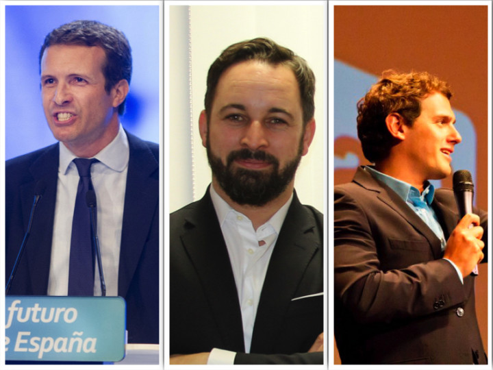 <p>Pablo Casado, Santiago Abascal y Albert Rivera.</p>