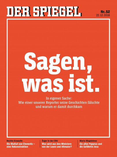 <p>Portada del número de Der Spiegel en el que se admiten las mentiras de su reportero Claas Relotius.</p>