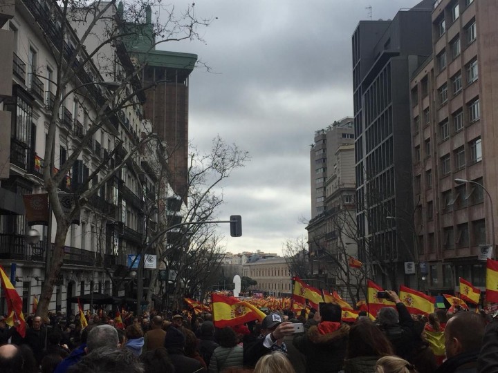 <p>Manifestantes en la calle Génova, al lado de la plaza de Colón (Madrid), el 10 de febrero de 2019.</p>