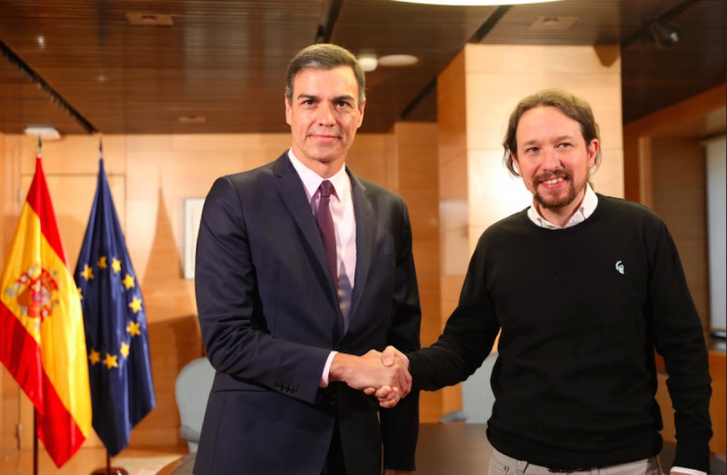 <p>Pedro Sánchez y Pablo Iglesias tras el encuentro el 11 de junio. </p>