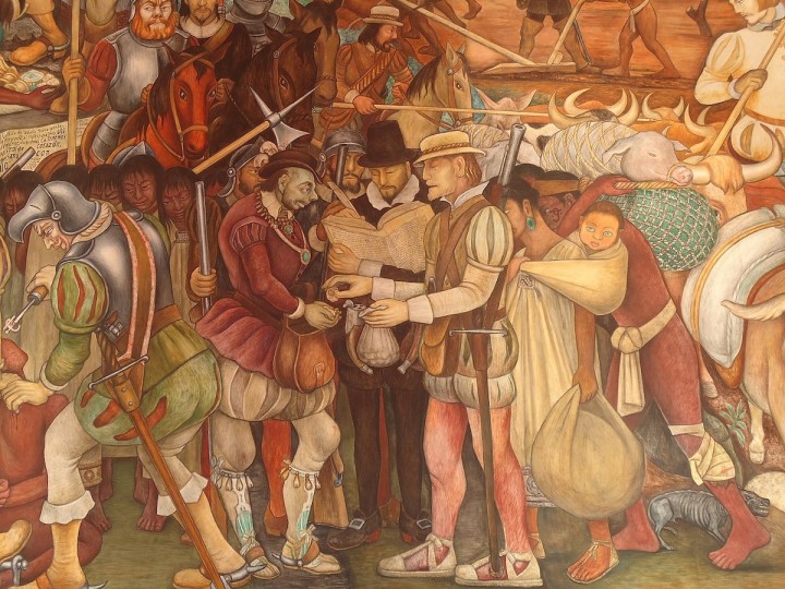 <p>Representación de la llegada de Hernán Cortés a Veracruz / Mural de Diego Rivera en el Palacio Nacional de México.</p>