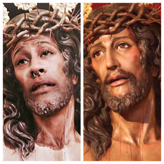 <p>Un montaje fotográfico (izquierda) sobre la imagen de Cristo (derecha).</p>