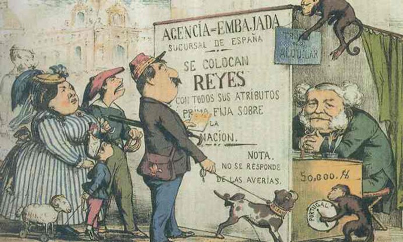 <p>Caricatura sobre la sucesión monárquica en la revista La Flaca (1869).</p>