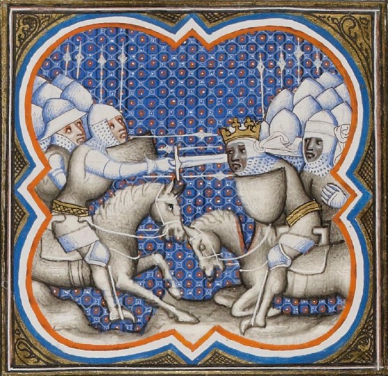 <p>La batalla de Roncesvalles. Miniatura iluminada. <em>Grandes Chroniques de France (</em>1375-1380)</p>