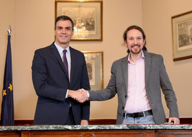 <p>Pedro Sánchez y Pablo Iglesias minutos antes de firmar el preacuerdo de Gobierno PSOE-UP.</p>