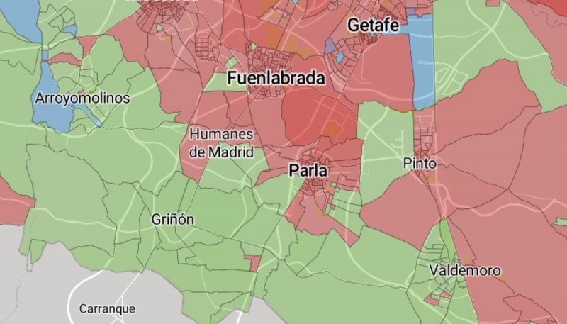 <p>Mapa de distribución de voto por partido de las elecciones generales en la zona sur de Madrid.</p>