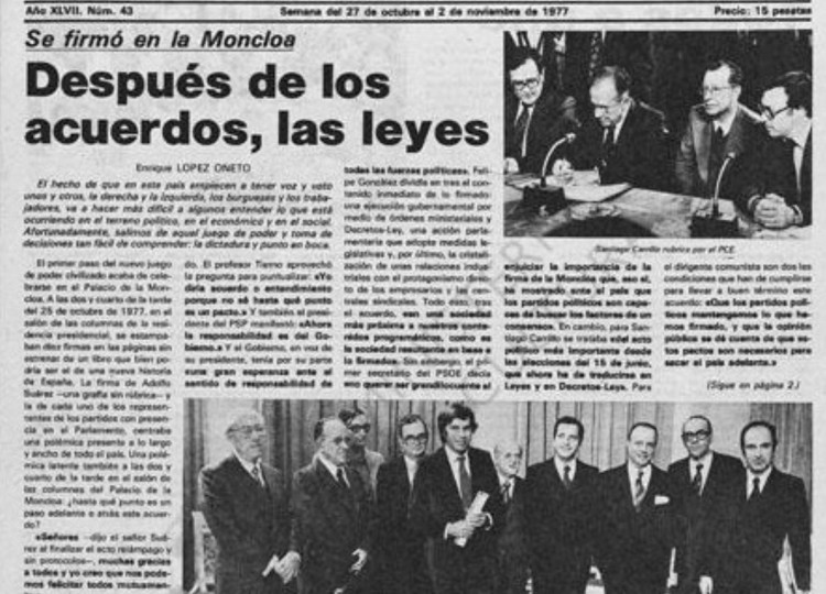 <p>Portada de Mundo Obrero con la firma de los Pactos de la Moncloa.</p>