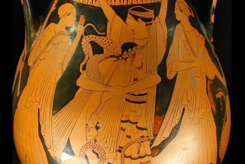 <p>Peleo abrazado a Tetis. Detalle de vasija ática. </p>