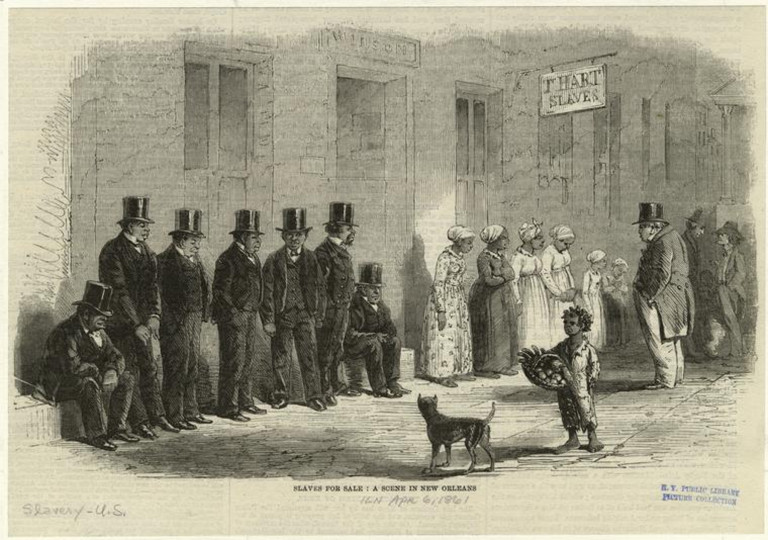 <p>Esclavos en venta: una escena en Nueva Orleans, 1861. Autor desconocido.</p>