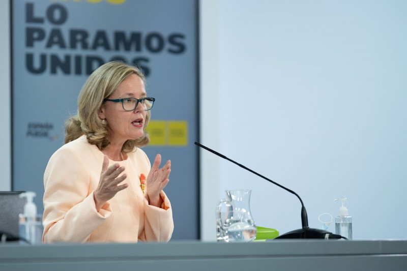 <p>Nadia Calviño, durante la rueda de prensa posterior al Consejo de Ministros del pasado 6 de octubre.</p>