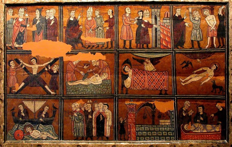 <p>Frontal con 12 escenas del martirio de San Vicente hallado en la ermita de Santa María del Monte, en Liesa, Huesca. </p>