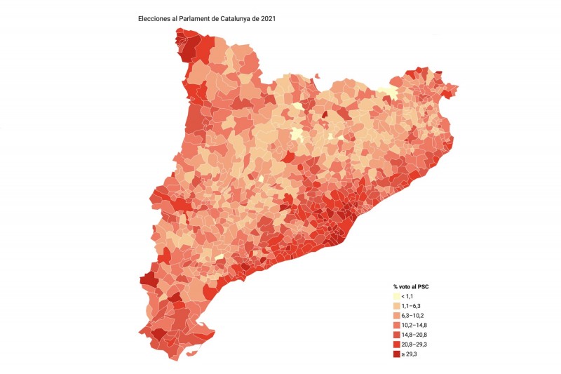 <p>Distribución porcentual de votos del PSC por municipios.</p>