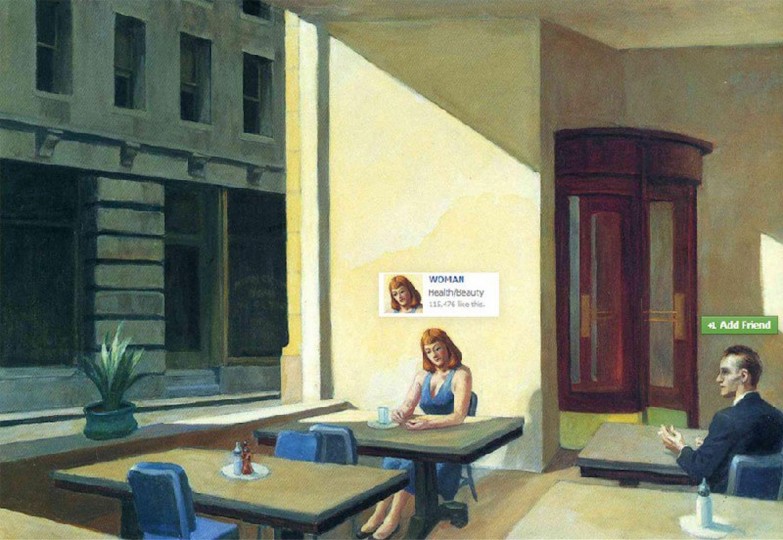 <p>El cuadro de <em>Sunlight in a Cafeteria </em>(1958, Edward Hopper), modificado con notificaciones de redes sociales. </p>