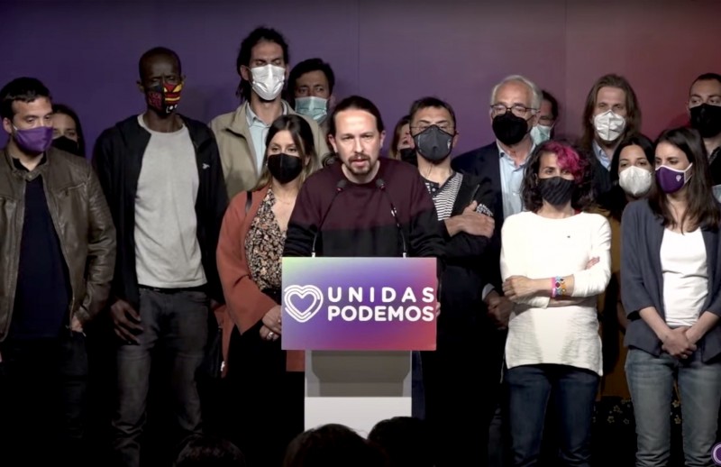 <p>Pablo Iglesias anunciando su dimisión anoche, tras los resultados electorales del 4M.</p>