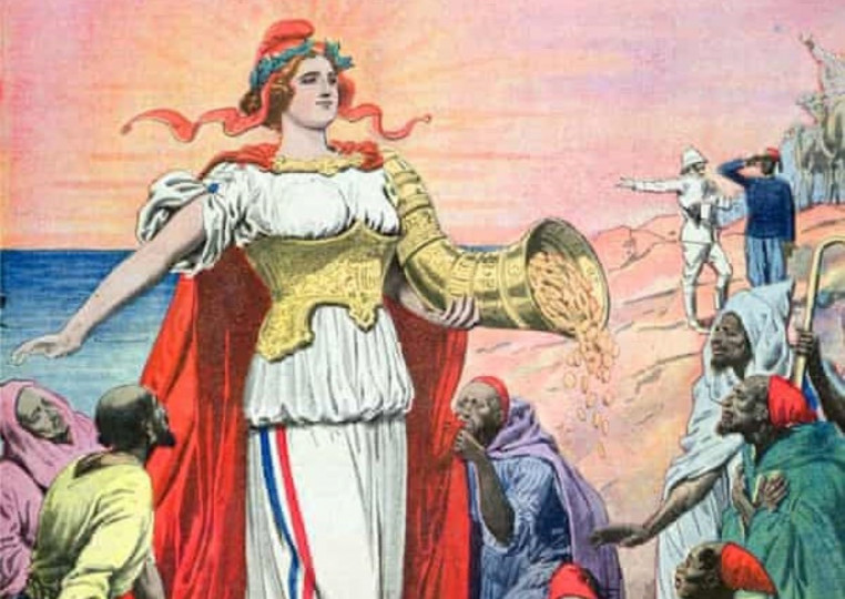 <p>Detalle de una ilustración de 1911 que representa a Francia como benefactora del pueblo de Marruecos.</p>