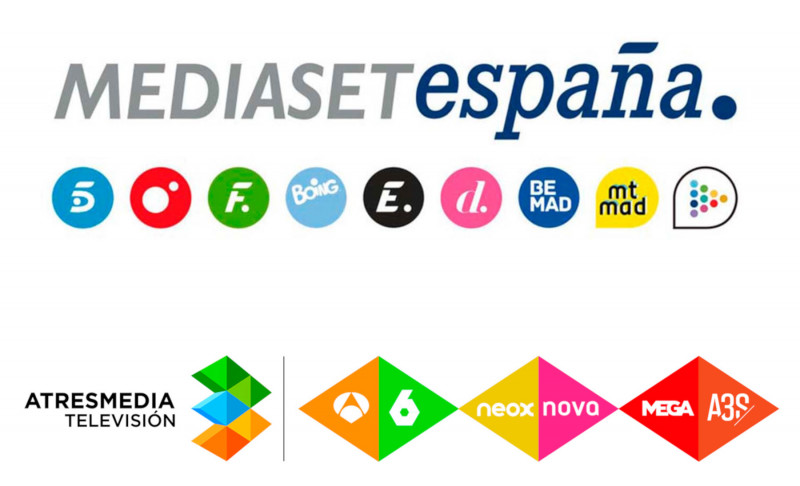 <p>Imágenes corporativas de Mediaset España y Atresmedia Televisión con los logos de sus respectivos canales.</p>