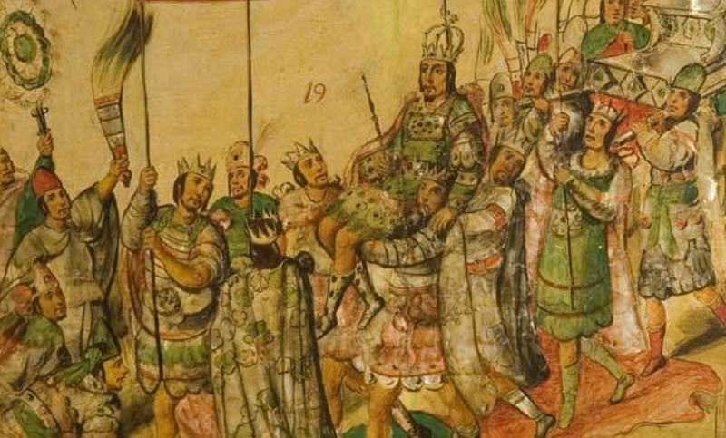 <p>'La llegada de Moctezuma', fragmento de los enconchados del siglo XVII sobre la conquista de México.</p>