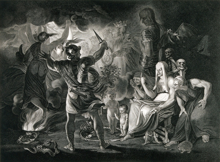 <p>Macbeth, las tres brujas, Hécate y los ocho reyes en la cueva. Grabado de Roberth Thew (1802) a partir de la pintura de Sir Joshua Reynolds.</p>