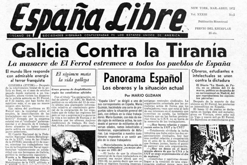 <p>Portada de 'España libre', un medio del exilio español, que se hace eco de la masacre de Ferrol en marzo de 1972.</p>