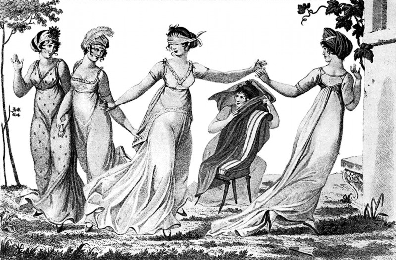 <p>Mujeres jugando un juego de farol del hombre ciego, dibujado en 1803.</p>