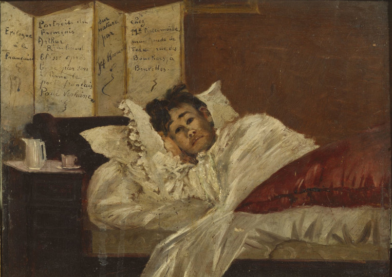 <p>Rimbaud tumbado, herido por Verlaine en 1973. Pintura atribuida a Jef Rosman.</p>