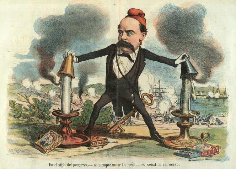 <p>Caricatura de Castelar realizada por Tomás Padró Pedret y publicada en la revista satírica ‘La Madeja Política’ en noviembre de 1873.</p>