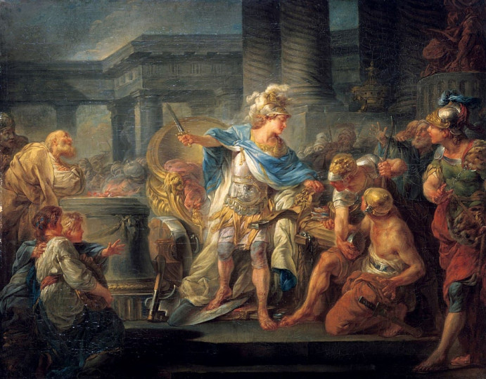 <p>‘Alejandro corta el nudo gordiano’. Jean-Simon Berthélemy, 1767. </p>