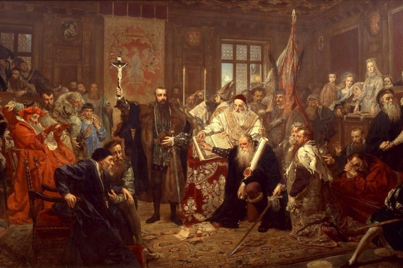 <p>'La unión de Lublin', de Jan Matejko, representa el acto fundacional de la República de las Dos Naciones.<strong> / Wikimedia Commons</strong></p>