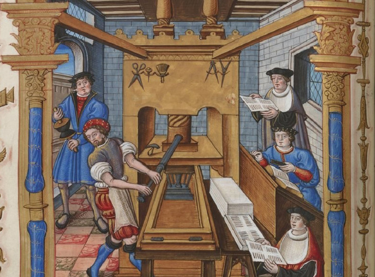 <p>Taller de imprenta francesa a principios del siglo XVI. Autor desconocido. <strong>/ Biblioteca Nacional de Francia, Departamento de Manuscritos, París</strong></p>