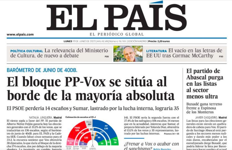 <p>Portada de El País del 19 de junio con el barómetro mensual de 40dB.</p>