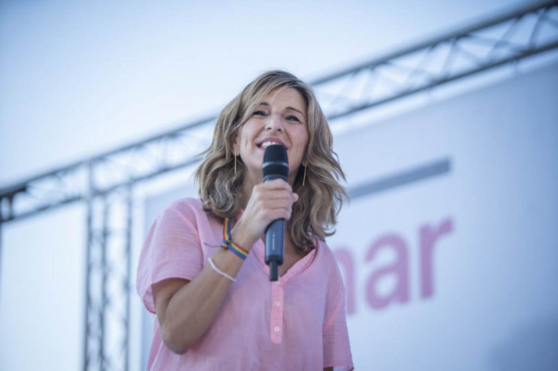 <p>Yolanda Díaz, durante el acto con el que arranca la campaña de Sumar para el 23J. Madrid, 8 de julio. / <strong>Twitter (@sumar)</strong></p>