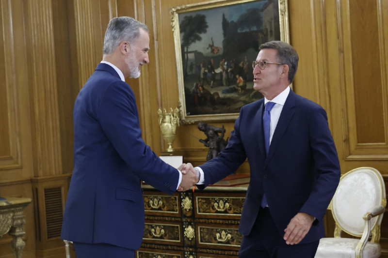 <p>El rey Felipe VI recibe a Alberto Núñez Feijóo en la ronda de consultas para la propuesta de investidura. / <strong>Casa de S.M. el Rey</strong></p>
