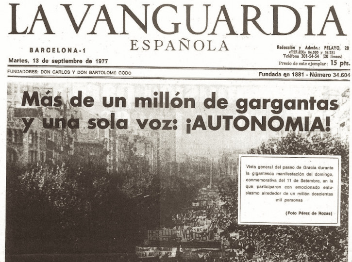 <p>Portada de La <em>Vanguardia</em> con la multitudinaria manifestación de la Diada de 1977. El lema: “Llibertat, Amnistia i Estatut d’autonomia”.  </p>