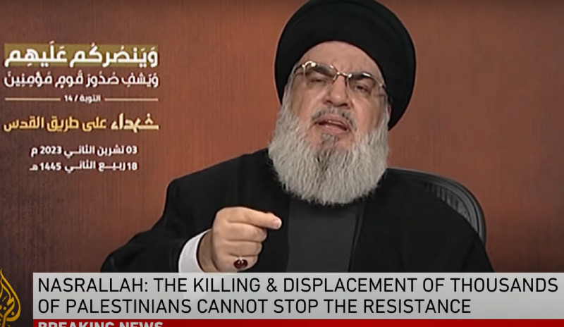 <p>Discurso televisado de Hassan Nasrallah, líder de la milicia Hezbolá. /<strong> Al Jazeera English</strong></p>
<p> </p>