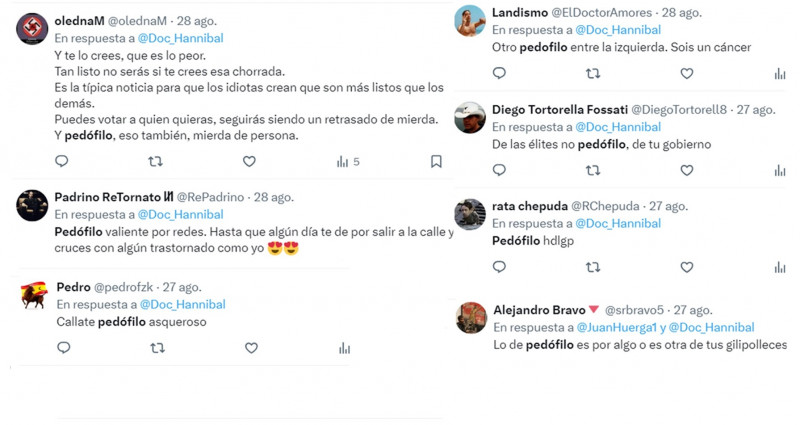 <p>Pantallazo extraído de las redes sociales en el que se muestran algunos de los insultos y acusaciones falsas que ha sufrido el usuario @Doc_Hannibal.</p>